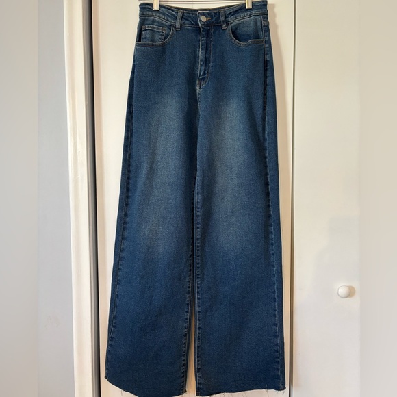 Pink Lily Deep Blue Wide Leg Jeans Sz 28 Raw Hem High Rise Y2K Retro Denim Trend - Picture 1 of 9